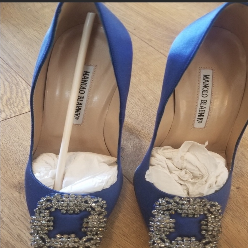 Manolo Blahnik Blue Satin Heels Crystal w/ Buckle